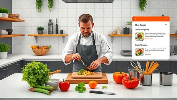 A virtual kitchen setup with a chef demonstrating a cooking technique, surrounded by fresh ingredients, cooking utensils, and a digital recipe display, capturing the essence of an interactive and educational culinary experience online.