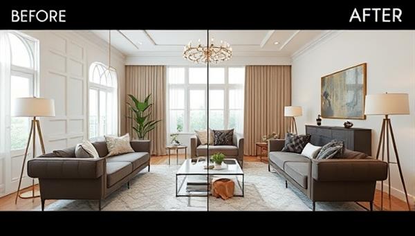 An elegant living room setting with virtual design elements superimposed, showcasing a before-and-after transformation, with trendy furniture pieces, color schemes, and decor accents, illustrating the magic of virtual interior design services.
