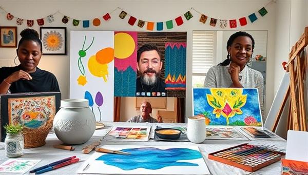 An online art therapy workshop setting with participants engaging in creative art projects, expressive painting sessions, and therapeutic activities, surrounded by colorful art supplies, soothing music, and supportive virtual facilitators, fostering a safe and healing space for emotional exploration and artistic expression.