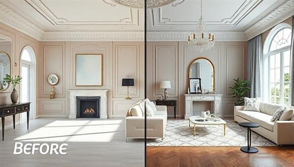 An elegant virtual room design concept with a split-screen showing the before and after transformation, highlighting the aesthetic improvements and design changes, inspiring clients to envision their spaces differently.