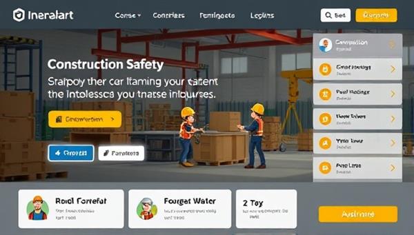 An interactive e-learning platform interface featuring a construction safety training course module with animated scenarios, quizzes, and progress trackers, creating an immersive learning experience that emphasizes practical safety knowledge and skills development.