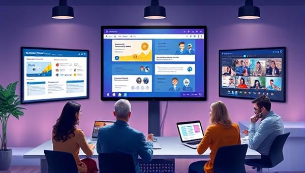 An artistic depiction of a virtual event planning team brainstorming and coordinating an online conference, with digital screens displaying event layouts, engagement activities, and audience interactions, highlighting teamwork and innovation.