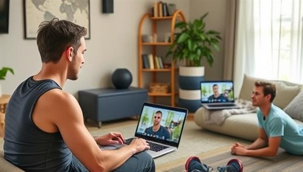 An individual engaged in a virtual fitness consultation session with a coach, demonstrating exercises via video call with a laptop and workout equipment in a home setting, emphasizing convenience and personalized guidance.
