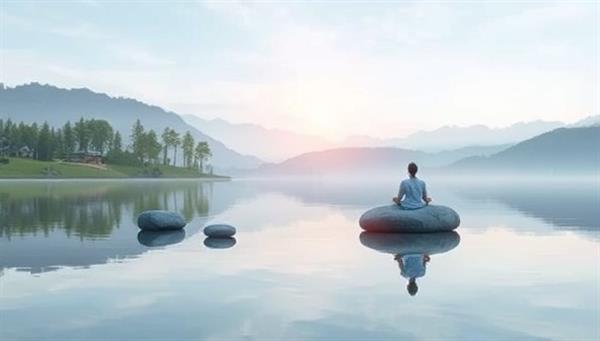 A serene and calming visual featuring a peaceful digital landscape with mindfulness elements like meditation apps, nature scenes, and relaxation tools, symbolizing the balance and well-being promoted by MindfulMarket