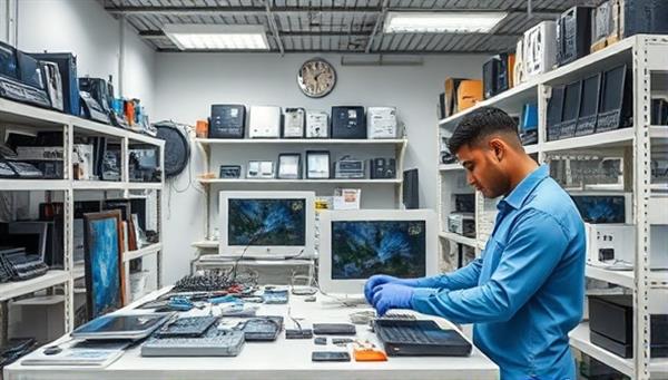An e-waste recycling center scene showcasing technicians refurbishing electronic devices in a clean and organized workspace, with shelves of refurbished gadgets ready for resale, emphasizing the sustainable and eco-friendly nature of the business.