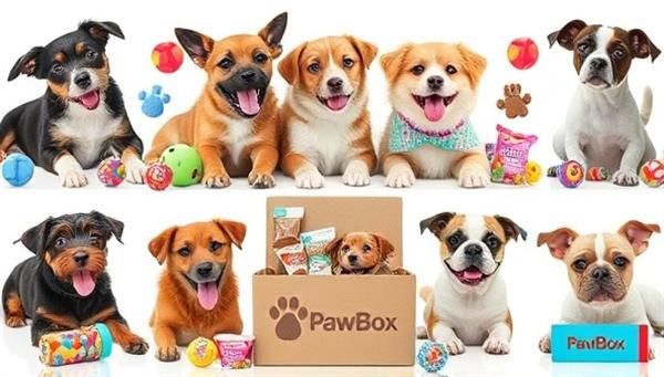 An adorable collage of happy pets playing with toys and enjoying treats from a PawBox, showcasing the joy and excitement that personalized pet subscription boxes bring to furry friends and their owners.