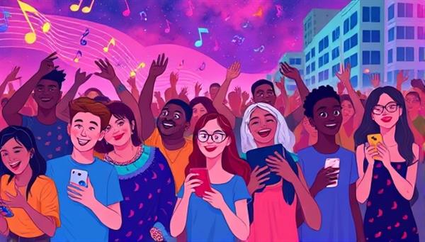 A vibrant digital illustration of a diverse group of people joyfully attending a virtual concert through their devices, with colorful visual effects and music notes surrounding them, capturing the excitement of the experience.