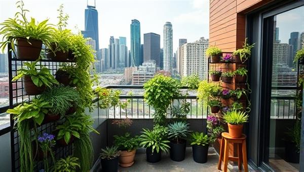 A modern urban apartment balcony transformed into a lush vertical garden oasis with the city skyline in the background, showcasing the beauty and functionality of the urban vertical garden kit in a limited space setting.