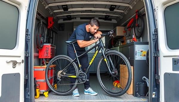 An image of a technician working on a bicycle in a mobile repair van, surrounded by various bike tools and equipment, highlighting the convenience and professional service provided by CycleCare Pickup.