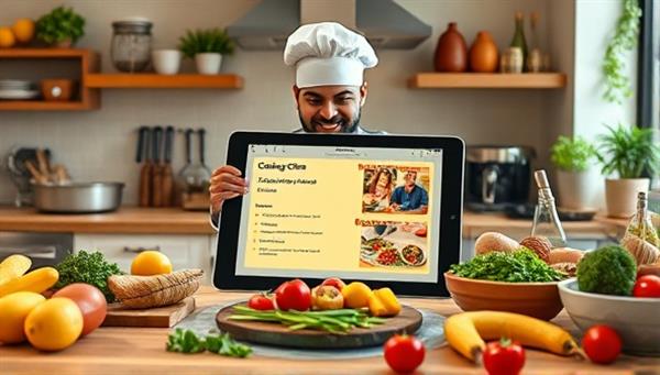 A vibrant kitchen setting with a chef conducting a virtual cooking class on a sleek tablet, surrounded by fresh ingredients and cooking utensils, exuding creativity and culinary delight.