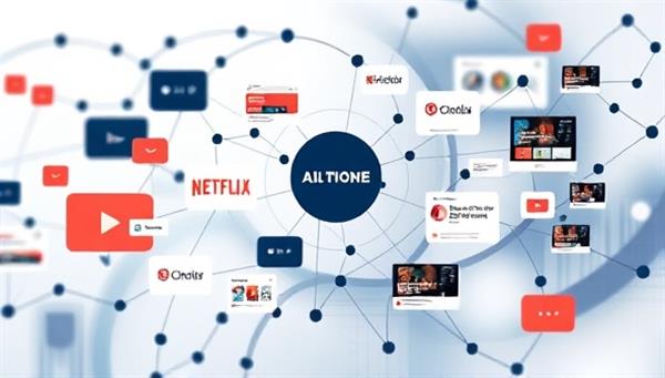 An abstract visual representation of interconnected content nodes with branded elements seamlessly integrated, symbolizing the AI-driven matching process of native advertising, creating a harmonious blend of sponsored and organic content in a visually engaging and modern style.