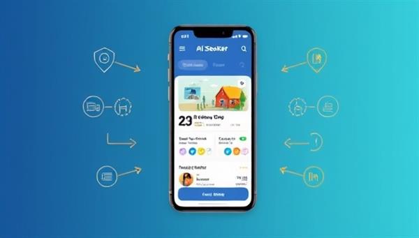 An illustration of a smartphone screen displaying the AI Rent Seeker app interface, with AI algorithms recommending personalized rental property options to a tenant based on preferences and location, showcasing the efficiency of the AI-powered rental property finder.