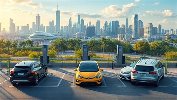 An artistic representation of a diverse group of electric vehicles charging at various stations across a vibrant cityscape, emphasizing sustainability and convenience.