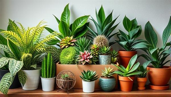An enchanting image of a GreenThumb Box delivery showcasing a lush assortment of indoor plants, succulents, and decorative pots arranged elegantly, evoking a sense of nature and tranquility that enhances any living space.