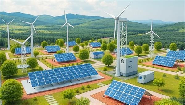 An eco-friendly community powered by renewable energy microgrid systems, featuring solar panels, wind turbines, and energy storage units seamlessly integrated into the landscape, illustrating a sustainable and self-sufficient energy model.