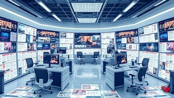 An imaginative visualization of a virtual newsroom with AI-powered news algorithms working behind the scenes, organizing news articles based on user preferences, creating a personalized and efficient news aggregation experience for users.