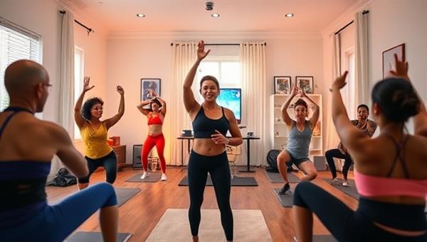 A vibrant virtual workout session with a fitness coach guiding participants through a high-energy exercise routine, featuring a diverse group of individuals working out from their homes, promoting a sense of community and motivation in fitness.