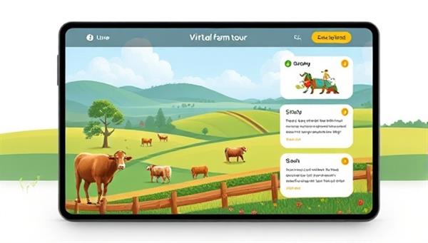 An engaging online platform interface featuring a virtual farm tour with interactive elements, live Q&A sessions with farmers, and educational content on sustainable agriculture, creating an immersive and informative online agri-tourism experience on FarmVenture Online.