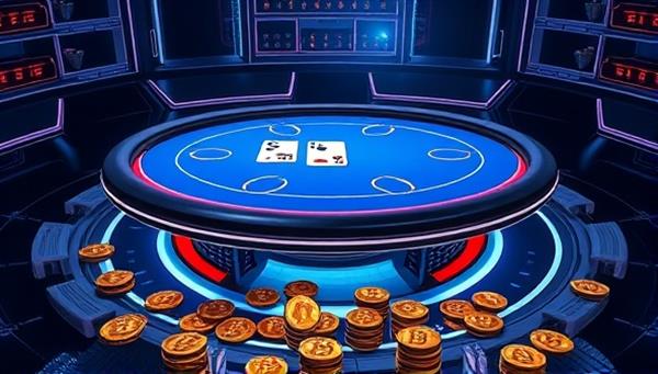 A digital artwork representing a futuristic poker table surrounded by virtual currencies like Bitcoin and Ethereum, symbolizing the marriage of blockchain technology and online poker in a sleek and modern setting.