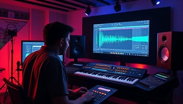 An inspiring visual of a music producer immersed in a virtual music production workshop on the SoundCraft Academy platform, showcasing a digital audio workstation interface, MIDI controllers, studio monitors, and creative sound effects, highlighting the platform
