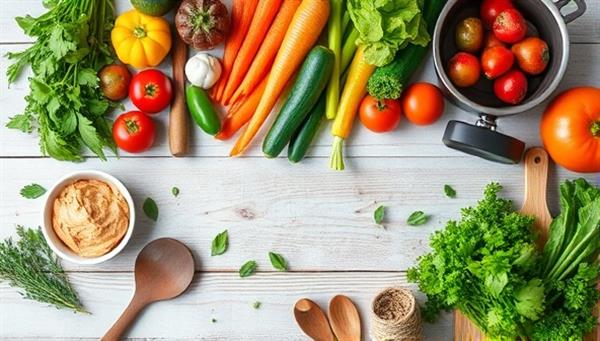 An appetizing image of a colorful, well-prepared meal kit spread with fresh ingredients, herbs, and cooking utensils, conveying the freshness and simplicity of preparing healthy meals at home.
