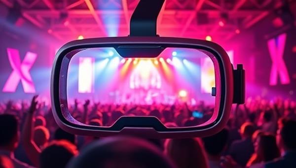 A virtual reality headset displaying a vibrant concert stage with a crowd of avatars enjoying the music, capturing the essence of a live concert experience in a digital world.