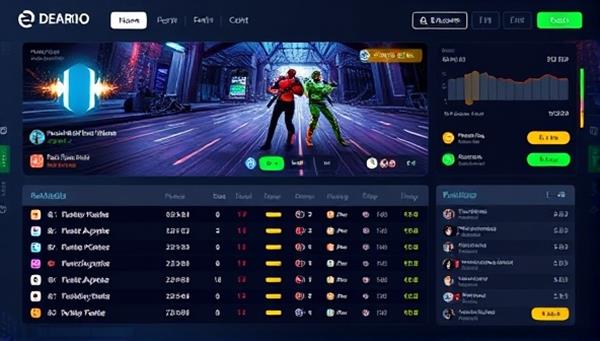 An e-sports betting exchange interface showing dynamic gaming graphics, real-time match statistics, and user-generated betting markets, representing the fusion of e-sports and peer-to-peer betting in an interactive online platform.