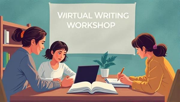 An artistic depiction of a virtual writing workshop on the StoryCrafters platform, featuring writers collaborating on a story project with the guidance of an editor, symbolizing creativity, collaboration, and literary exploration.