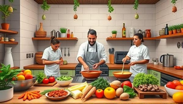 A vibrant and interactive virtual kitchen setting with chefs demonstrating cooking techniques, surrounded by fresh ingredients, cooking utensils, and colorful spices, creating a dynamic and engaging culinary experience for participants eager to explore the art of cooking.