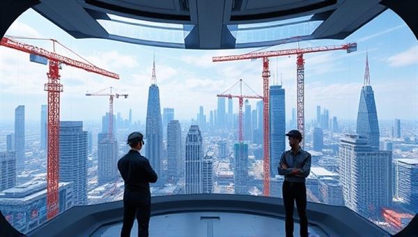 An immersive virtual reality (VR) environment displaying a futuristic cityscape with construction cranes, digital blueprints, and avatars of property developers collaborating in real-time, illustrating the innovative and interconnected nature of BuildSpace.