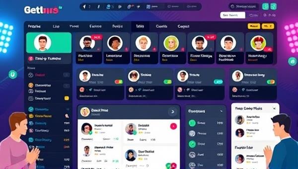 An interactive social hub interface displaying user profiles, betting discussions, and real-time updates on sports events, with colorful avatars, chat bubbles, and community engagement features, symbolizing the lively and connected atmosphere of the social betting platform in a visually engaging manner.