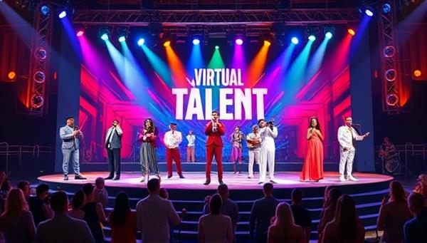 A vibrant digital artwork showcasing a diverse array of performers on a virtual talent show stage, with colorful spotlights, cheering virtual audiences, and a dynamic atmosphere that captures the excitement and energy of live performances in a digital realm.
