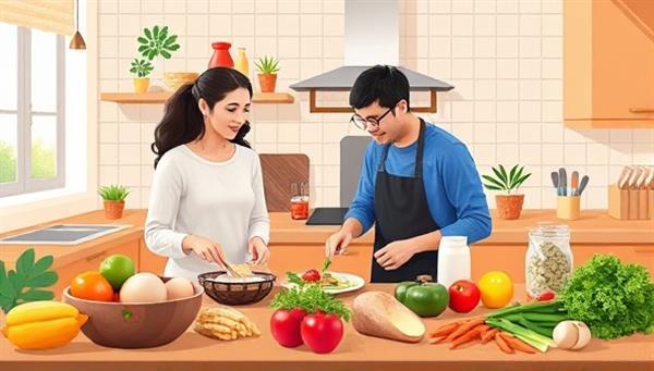 An engaging digital illustration of a virtual kitchen setting with a nutritionist guiding a client through a cooking session, surrounded by fresh ingredients and recipe cards, emphasizing health and wellness through food choices in a warm and inviting atmosphere.