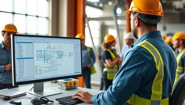 A construction site office with a technician assisting workers with digital devices and software, a computer screen displaying construction project plans, blueprints, and schedules, surrounded by a team of construction professionals, highlighting the seamless integration of technology support in construction operations.