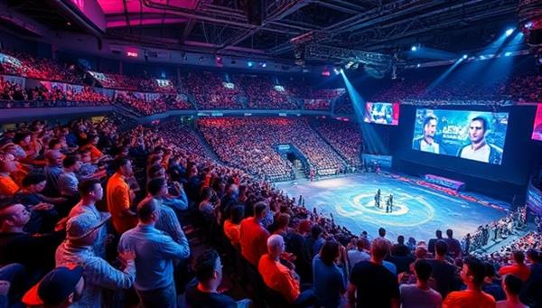 An epic gaming tournament arena filled with virtual spectators cheering on players in a heated competition, with vibrant graphics and intense gameplay moments, capturing the excitement and energy of online gaming tournaments.