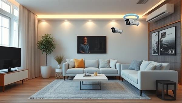 A modern living room setting with integrated smart devices like voice-controlled assistants, smart lighting, and security cameras, illustrating a seamless and connected home environment.