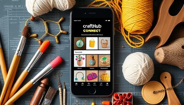 An artistic representation of a smartphone screen displaying the CraftHub Connect app interface with colorful, handmade products showcased, surrounded by elements like paintbrushes, yarn, and woodworking tools, highlighting the diversity of artisan crafts available.