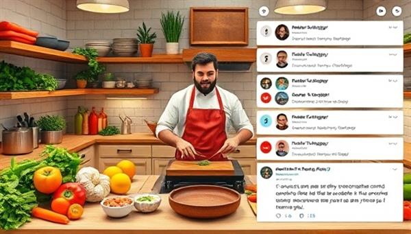 A vibrant digital kitchen setting with a chef leading a virtual cooking class, surrounded by fresh ingredients, cooking utensils, and a live chat feed of participants actively cooking along and engaging with the culinary experience, showcasing the interactive and educational nature of virtual cooking classes.