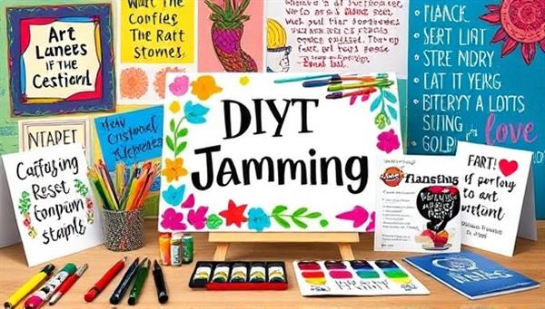 A colorful and vibrant DIY art jamming kit with an array of art supplies, a canvas, and a step-by-step guide, surrounded by artistic creations and inspirational quotes, evoking a sense of creativity and relaxation.