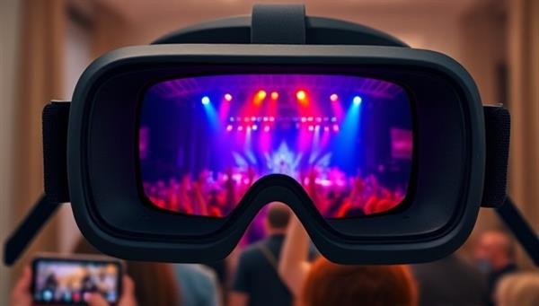 An immersive virtual reality headset displaying a vibrant concert stage with cheering avatars, capturing the essence of a live music experience from home.
