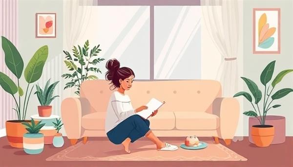 An artistic illustration of a cozy living room setting with a person enjoying a mindfulness activity from the subscription box, surrounded by soothing colors, plants, and calming decor to convey a sense of relaxation and well-being.