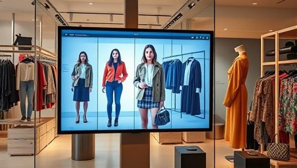 A digital screen displaying a virtual fitting room with a customer trying on different outfits virtually, surrounded by stylish clothing racks and accessories, creating a high-tech and trendy atmosphere.