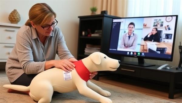 A compelling image of a pet owner confidently performing CPR on a pet mannequin during a first aid training course, with a virtual instructor guiding the process on a computer screen, showcasing the hands-on and lifesaving nature of the pet first aid training.
