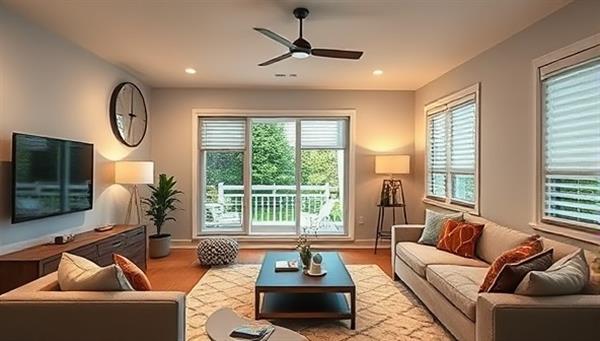 A modern living room with voice-controlled smart lights, a smart thermostat, and automated window shades, illustrating the convenience and sophistication of smart home renovations.