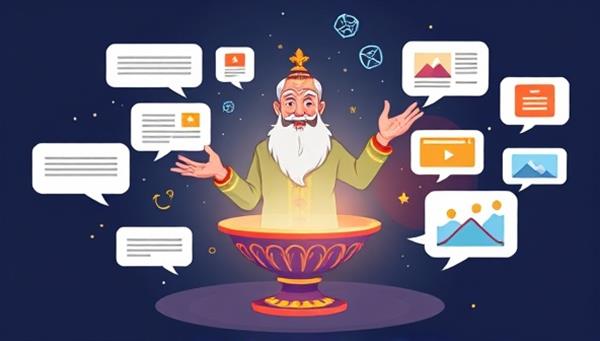 An illustration of a genie emerging from a digital lamp, surrounded by content bubbles representing different types of web content (text, images, videos) being magically generated, symbolizing the AI-driven dynamic web content generator.