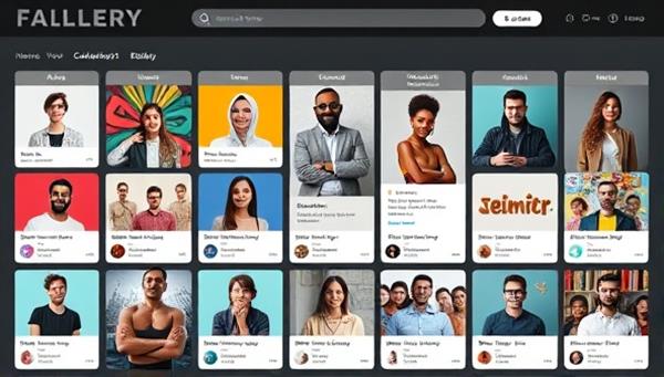An interactive virtual gallery showcasing diverse freelancer profiles in a visually appealing and engaging format, with creative projects, client testimonials, and skill badges displayed, highlighting the platform