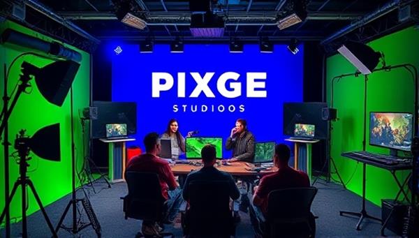 A dynamic visual of the Pixel Forge Studios team in action, surrounded by gaming equipment, green screens, and recording setups, capturing the essence of creativity and collaboration in producing engaging gaming content for online audiences.