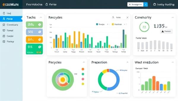 An online dashboard displaying waste tracking and management tools, with color-coded waste categories, recycling options, and real-time waste reduction statistics, emphasizing the efficiency and environmental impact of using EcoWaste Solutions in construction projects.