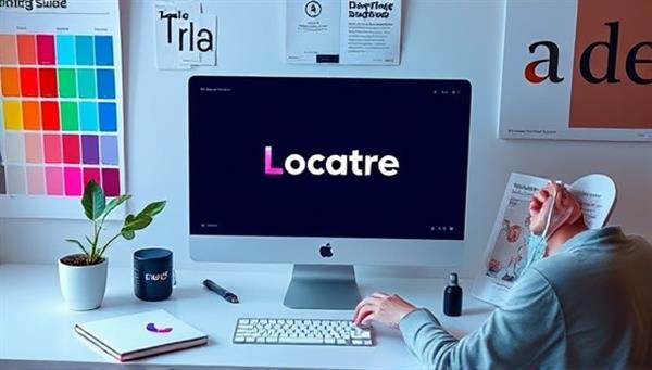 A digital workspace with a designer creating a brand logo on a computer screen, surrounded by color palettes, branding guides, and inspirational design books, evoking a creative and professional branding consultancy setting.