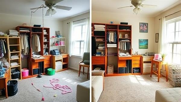 An organized and clutter-free room transformation with side-by-side images of a messy space and a beautifully organized room, highlighting the impact of professional home organization services, creating a visually appealing and inspiring setting.